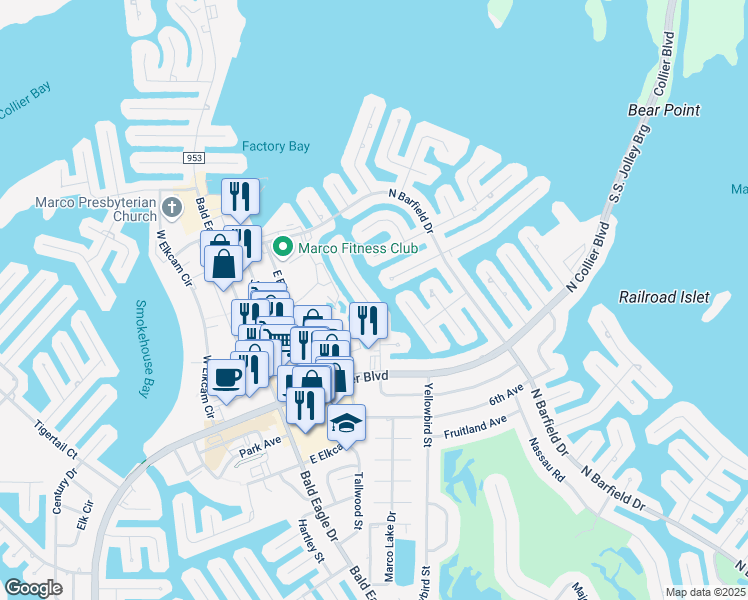 map of restaurants, bars, coffee shops, grocery stores, and more near 1111 Martinique Court in Marco Island