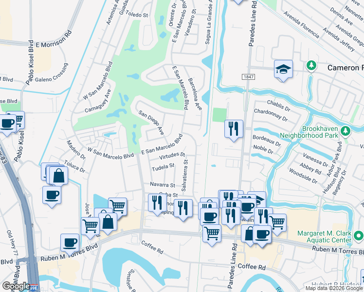 map of restaurants, bars, coffee shops, grocery stores, and more near 819-999 Habana Street in Brownsville