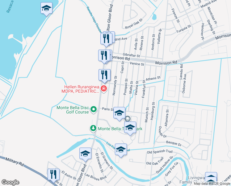 map of restaurants, bars, coffee shops, grocery stores, and more near 2896 Capri Street in Brownsville