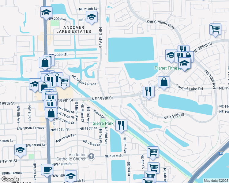 map of restaurants, bars, coffee shops, grocery stores, and more near 241 Northeast 199th Lane in Miami