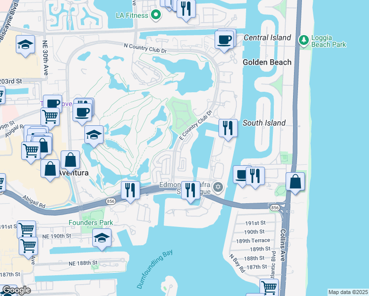 map of restaurants, bars, coffee shops, grocery stores, and more near 19566 East Country Club Drive in Miami