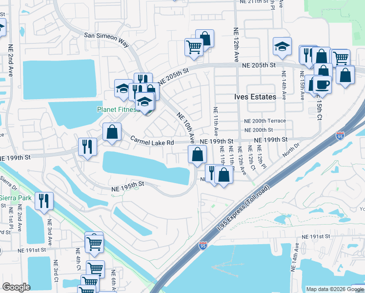 map of restaurants, bars, coffee shops, grocery stores, and more near 925 Northeast 199th Street in North Miami Beach