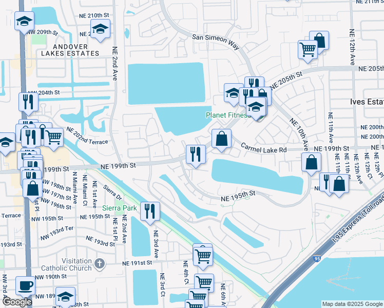 map of restaurants, bars, coffee shops, grocery stores, and more near 491 Ives Dairy Road in North Miami Beach