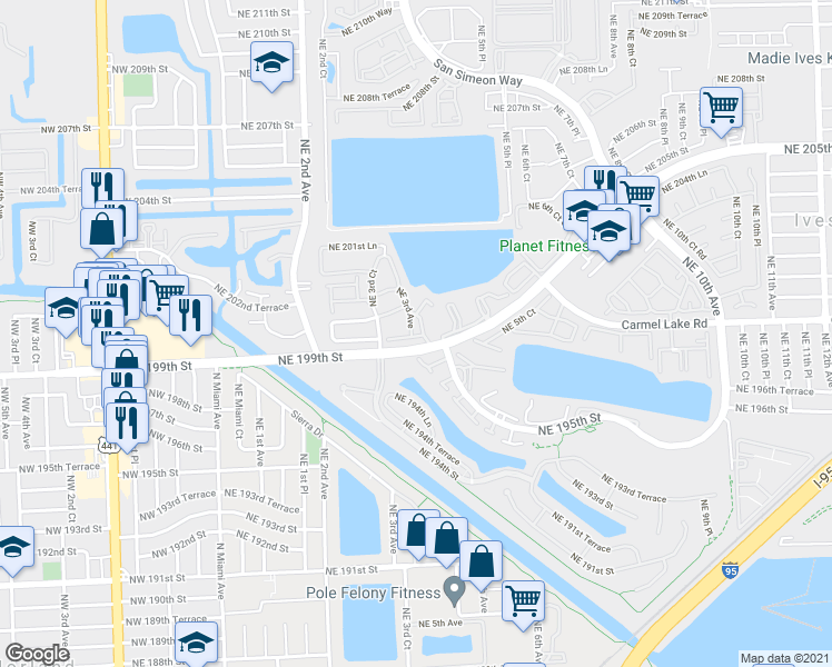 map of restaurants, bars, coffee shops, grocery stores, and more near 335 Ives Dairy Road in North Miami Beach