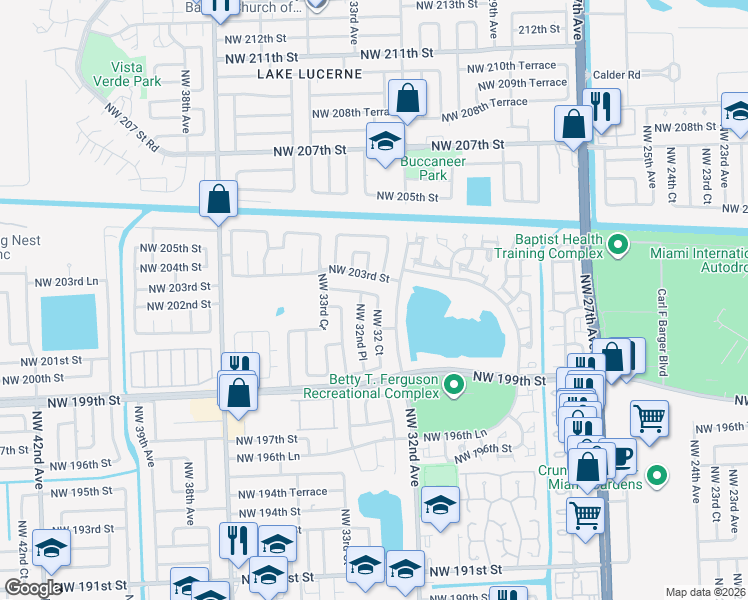 map of restaurants, bars, coffee shops, grocery stores, and more near 3234 Northwest 203rd Street in Miami Gardens