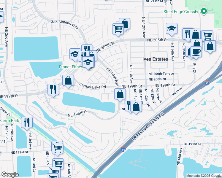 map of restaurants, bars, coffee shops, grocery stores, and more near 925 Northeast 199th Street in North Miami Beach
