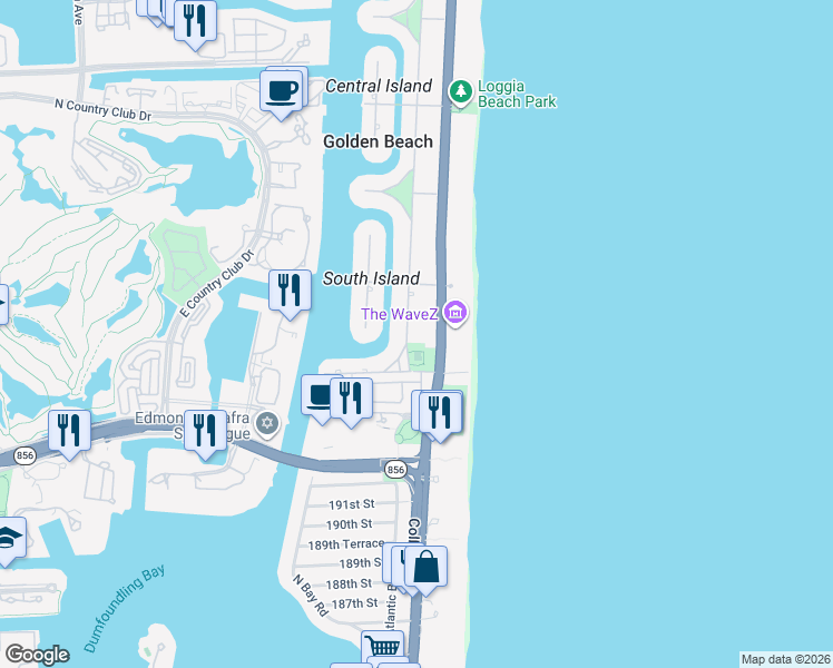 map of restaurants, bars, coffee shops, grocery stores, and more near 165 Golden Beach Drive in Golden Beach