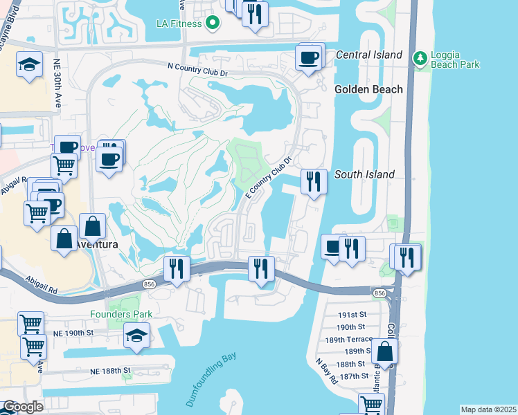map of restaurants, bars, coffee shops, grocery stores, and more near 19777 East Country Club Drive in Miami