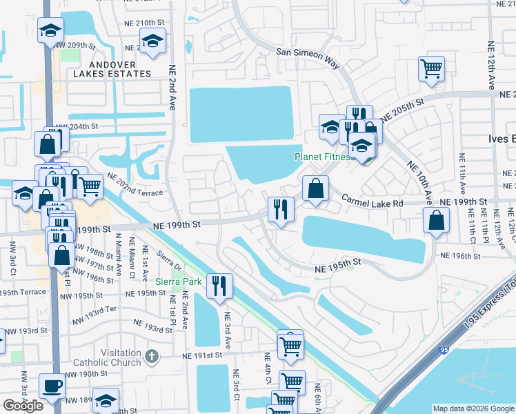 map of restaurants, bars, coffee shops, grocery stores, and more near 451 Northeast 199th Street in Miami