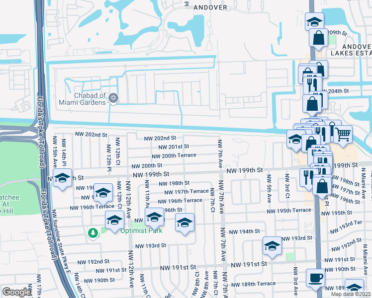 map of restaurants, bars, coffee shops, grocery stores, and more near 855 Northwest 201st Street in Miami