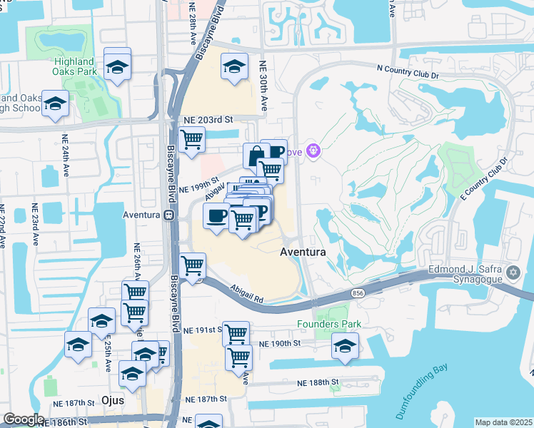map of restaurants, bars, coffee shops, grocery stores, and more near Abigail Road in Aventura
