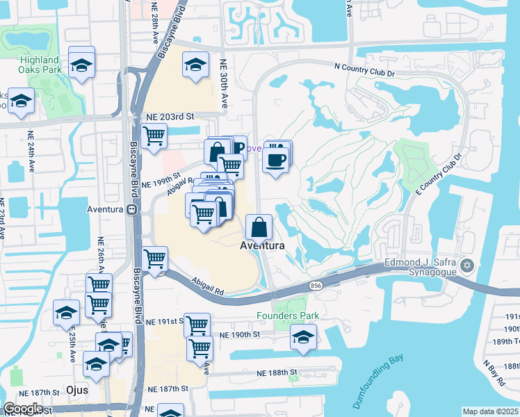 map of restaurants, bars, coffee shops, grocery stores, and more near West Country Club Drive in Aventura