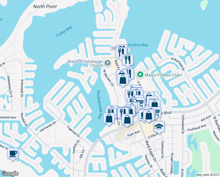 map of restaurants, bars, coffee shops, grocery stores, and more near 838 West Elkcam Circle in Marco Island