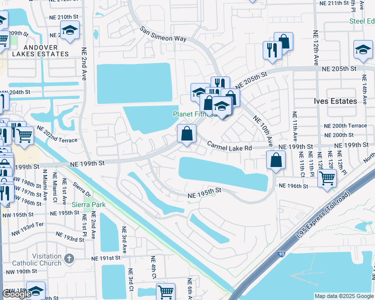 map of restaurants, bars, coffee shops, grocery stores, and more near 598 Northeast 199th Terrace in Miami