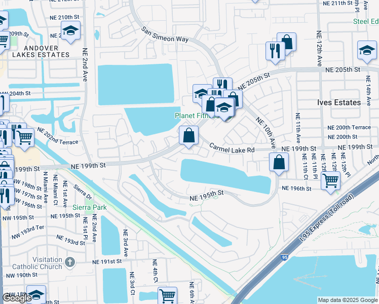 map of restaurants, bars, coffee shops, grocery stores, and more near 502 Northeast 199th Terrace in Miami