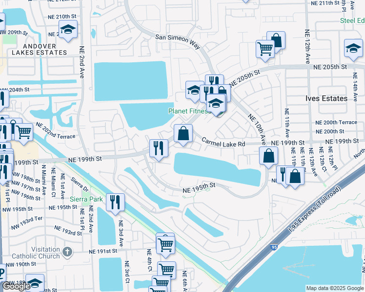 map of restaurants, bars, coffee shops, grocery stores, and more near 564 Northeast 199th Terrace in Miami
