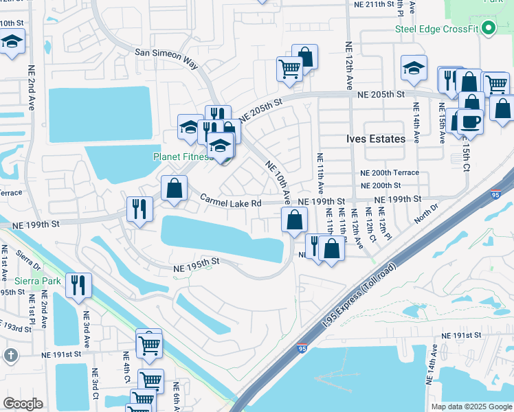 map of restaurants, bars, coffee shops, grocery stores, and more near 29 Carmel Lake Road in Miami