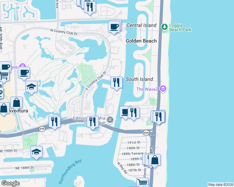 map of restaurants, bars, coffee shops, grocery stores, and more near 19707 Turnberry Way in Aventura