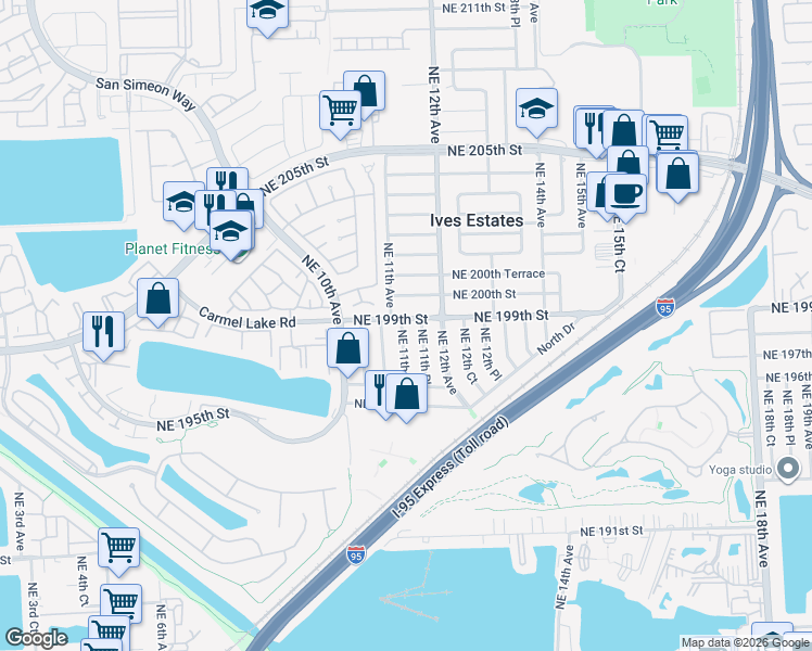 map of restaurants, bars, coffee shops, grocery stores, and more near 1121 Northeast 199th Street in North Miami Beach