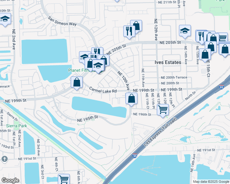 map of restaurants, bars, coffee shops, grocery stores, and more near 29 Carmel Lake Road in Miami