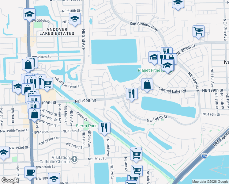 map of restaurants, bars, coffee shops, grocery stores, and more near 335 Ives Dairy Road in North Miami Beach