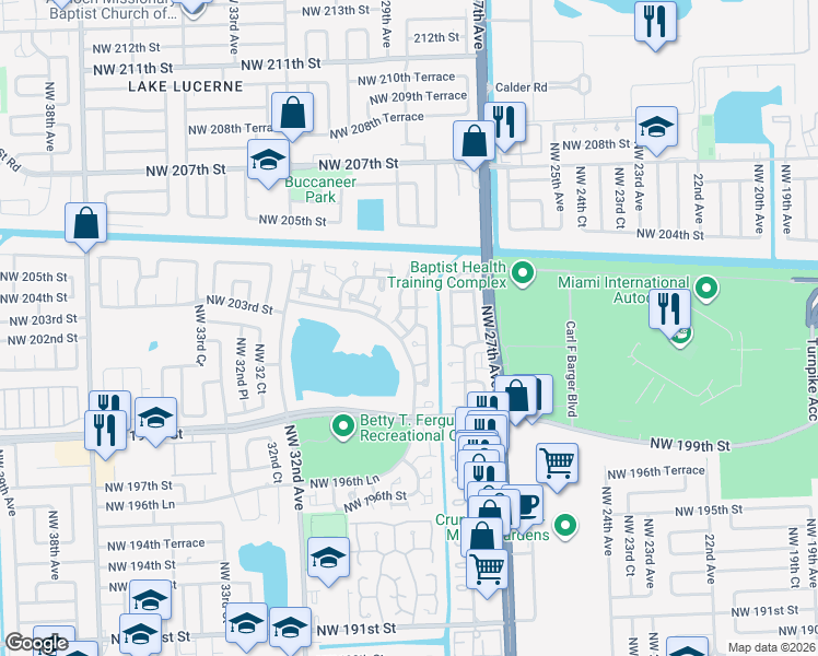 map of restaurants, bars, coffee shops, grocery stores, and more near 20360 Northwest 29th Place in Miami Gardens