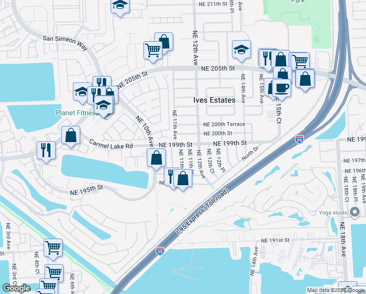 map of restaurants, bars, coffee shops, grocery stores, and more near 1121 Northeast 199th Street in North Miami Beach
