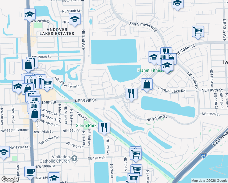map of restaurants, bars, coffee shops, grocery stores, and more near 335 Ives Dairy Road in North Miami Beach