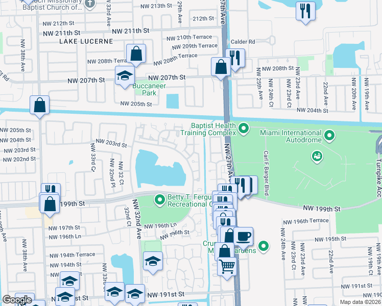 map of restaurants, bars, coffee shops, grocery stores, and more near 20360 Northwest 29th Place in Miami Gardens