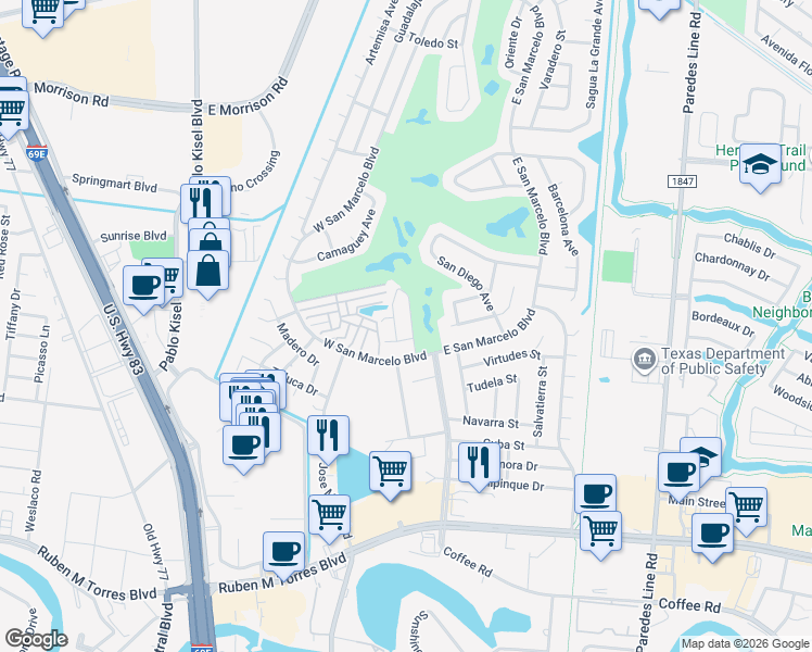 map of restaurants, bars, coffee shops, grocery stores, and more near 155 Vista Del Golf in Brownsville