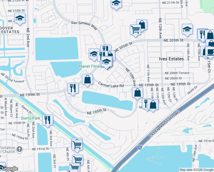 map of restaurants, bars, coffee shops, grocery stores, and more near 751 Northeast 199th Street in Miami