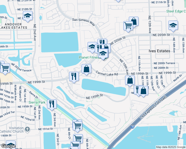 map of restaurants, bars, coffee shops, grocery stores, and more near 549 Northeast 199th Lane in Miami