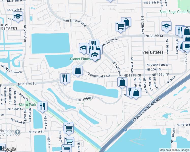 map of restaurants, bars, coffee shops, grocery stores, and more near 751 Northeast 199th Street in Miami