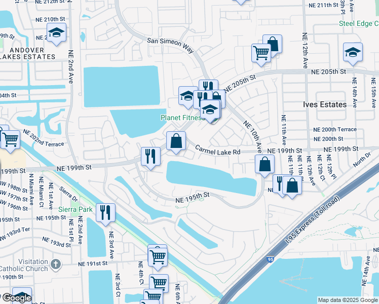 map of restaurants, bars, coffee shops, grocery stores, and more near 549 Northeast 199th Lane in Miami
