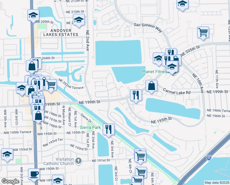 map of restaurants, bars, coffee shops, grocery stores, and more near 335 Ives Dairy Road in North Miami Beach