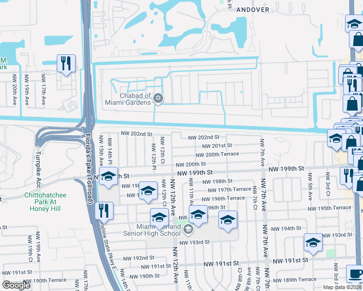 map of restaurants, bars, coffee shops, grocery stores, and more near 1110 Northwest 202nd Street in Miami Gardens