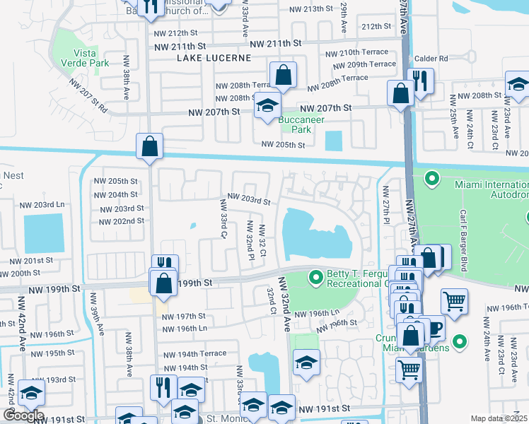 map of restaurants, bars, coffee shops, grocery stores, and more near 3234 Northwest 203rd Street in Miami Gardens