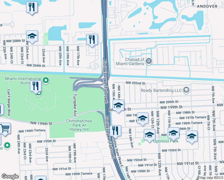 map of restaurants, bars, coffee shops, grocery stores, and more near 20150 Northwest 15th Avenue in Miami