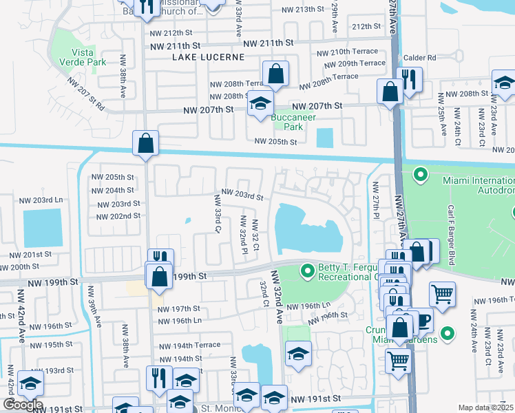 map of restaurants, bars, coffee shops, grocery stores, and more near 3234 Northwest 203rd Street in Miami Gardens