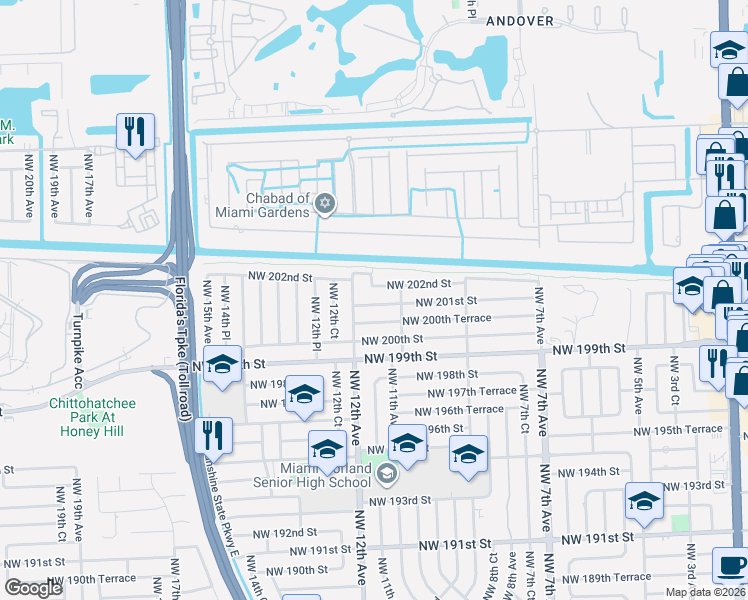 map of restaurants, bars, coffee shops, grocery stores, and more near 1110 Northwest 202nd Street in Miami Gardens