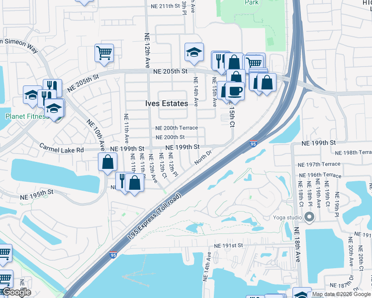 map of restaurants, bars, coffee shops, grocery stores, and more near 1345 Carmel Lake Road in Miami