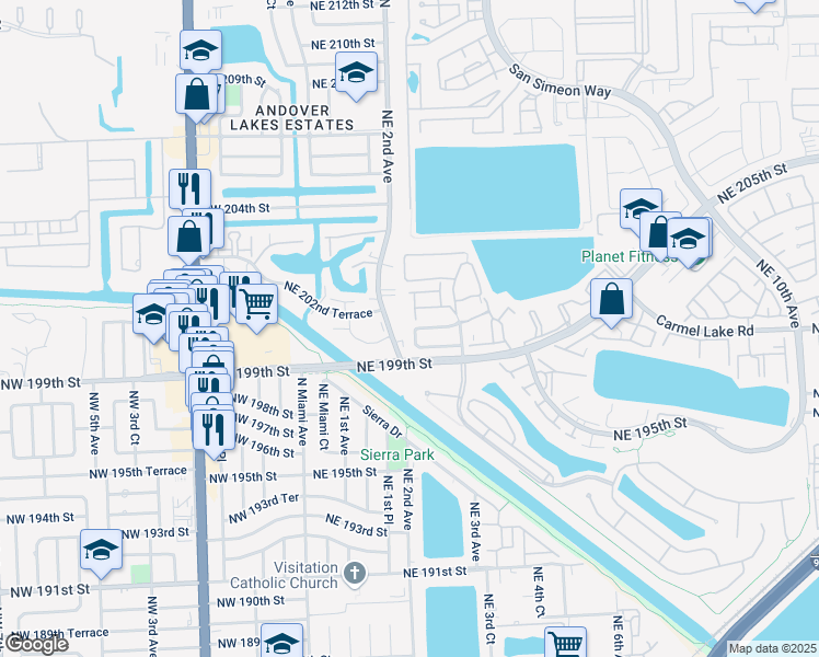 map of restaurants, bars, coffee shops, grocery stores, and more near 19940 Northeast 2nd Court in Miami