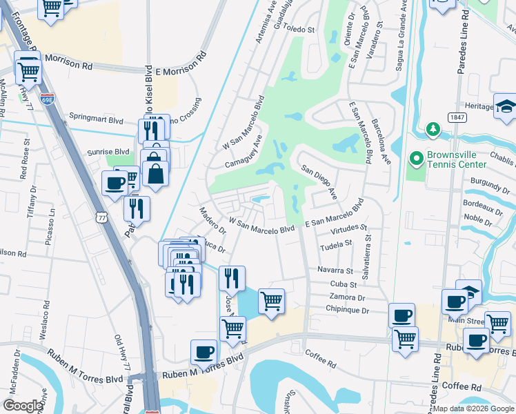 map of restaurants, bars, coffee shops, grocery stores, and more near 238 Greensboro Street in Brownsville