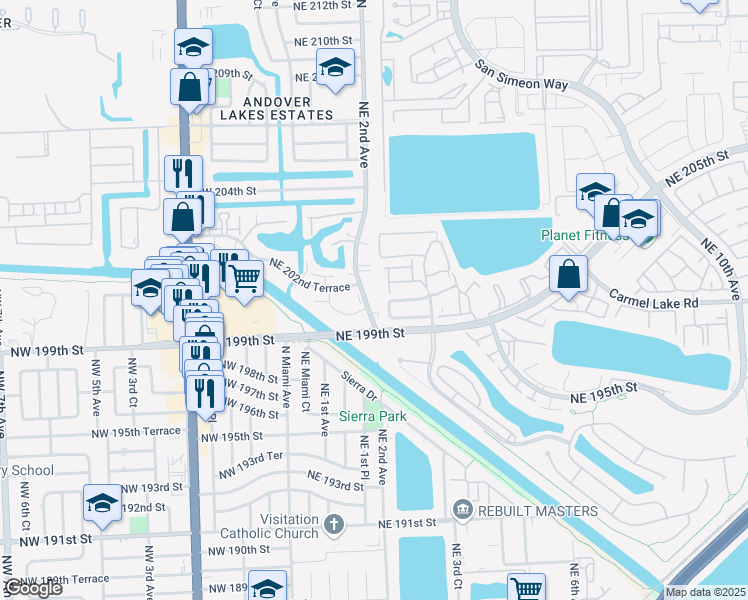 map of restaurants, bars, coffee shops, grocery stores, and more near 19940 Northeast 2nd Court in Miami