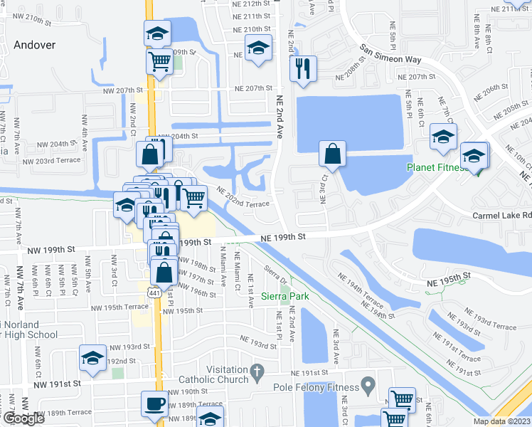map of restaurants, bars, coffee shops, grocery stores, and more near 28 Northeast 202nd Terrace in Miami Gardens