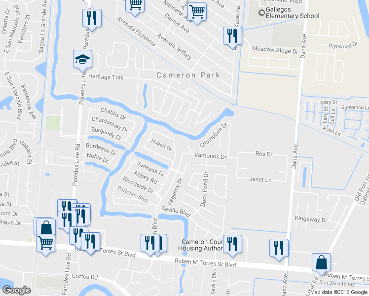 map of restaurants, bars, coffee shops, grocery stores, and more near 1013 Cirrus Drive in Brownsville