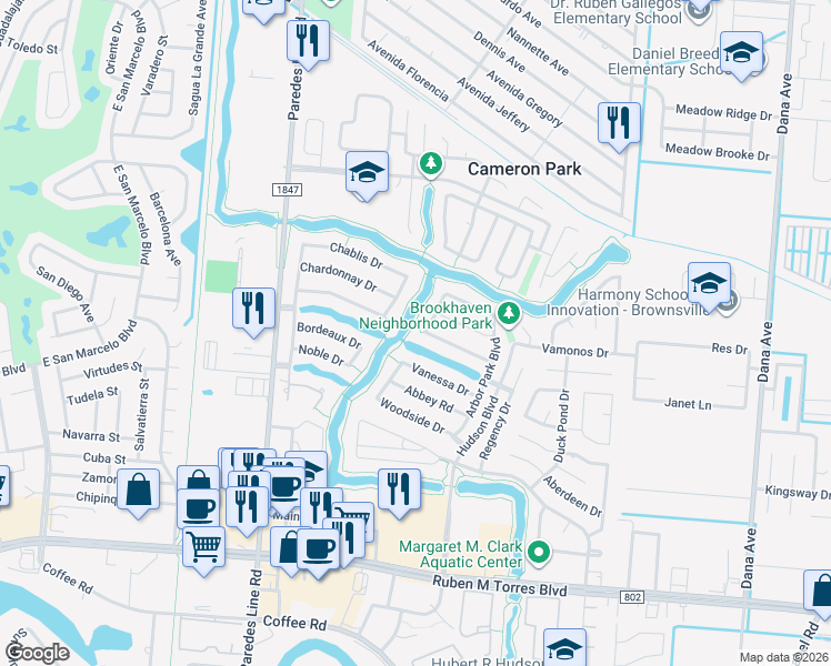 map of restaurants, bars, coffee shops, grocery stores, and more near 3240 Creekwood Drive in Brownsville