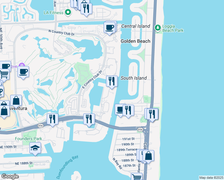 map of restaurants, bars, coffee shops, grocery stores, and more near 19707 Turnberry Way in Aventura