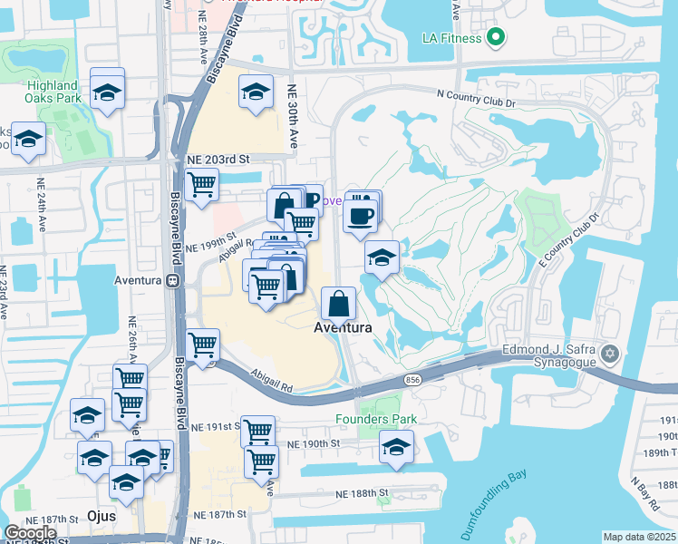 map of restaurants, bars, coffee shops, grocery stores, and more near West Country Club Drive in Aventura