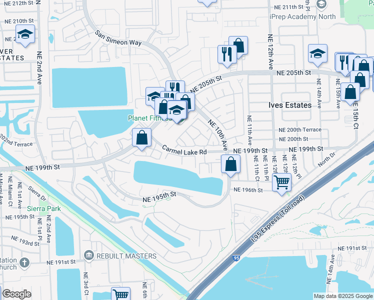 map of restaurants, bars, coffee shops, grocery stores, and more near 801 Northeast 199th Street in North Miami Beach